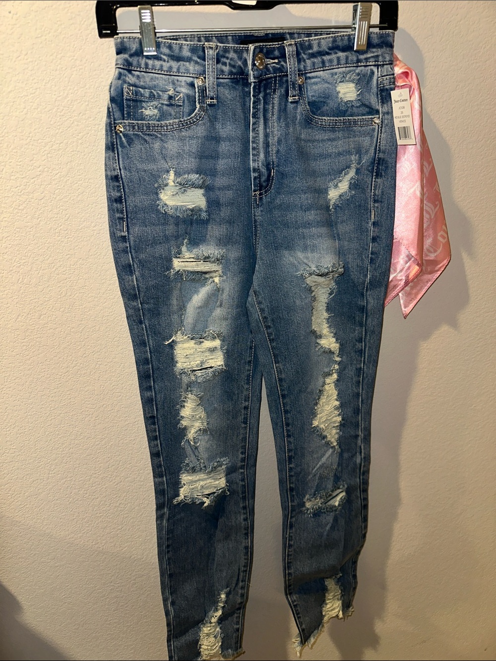 Juicy Couture Distressed Blue Skinny Jeans with Pink Accent